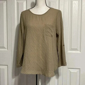 Lily White tan & navy polka dot shirt top blouse